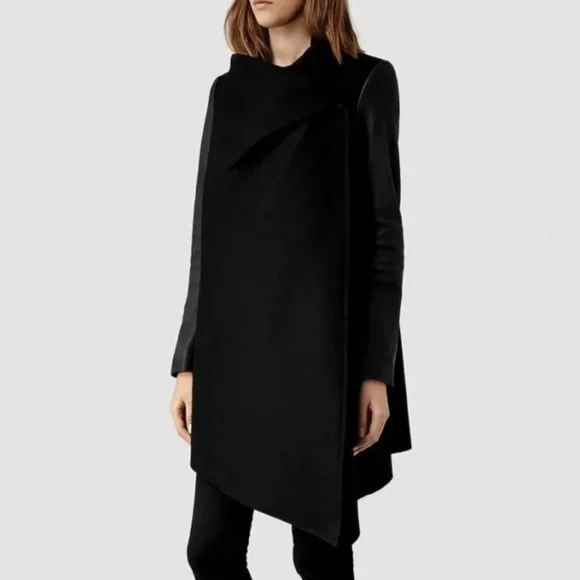 ALL SAINTS Hyde Monument Wool and Leather Blend Coat - Picture 4 of 15